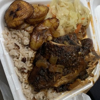 Max & Me - Jerk chicken platter. Small. (Still a large portion) rice and peas. Sweet plantains and steamed cabbage - Caribbean Near Me - Apopka, Florida