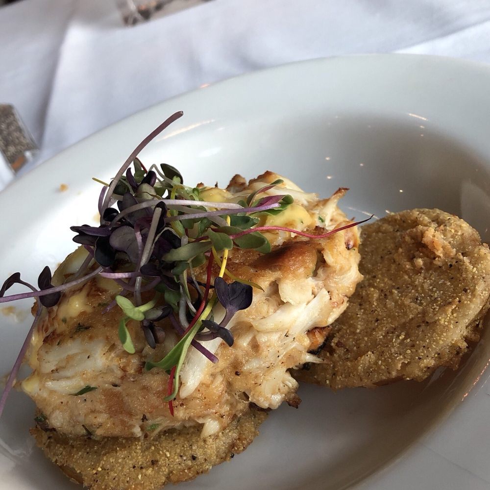 Marais - Crab cake with fried green tomatoes. - Seafood Near Me - Dickinson, Texas Marais - Crab cake with fried green tomatoes. - Seafood Near Me - Dickinson, Texas