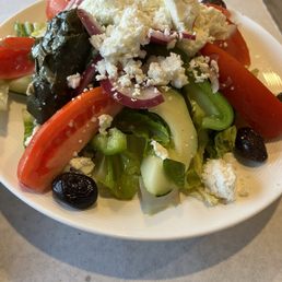 Small Greek salad with grape leaves. Small Greek salad with grape leaves.