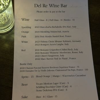 Del Re Wine Bar  - Menu on 8/1/2025 - Wine Bars Near Me - Los Angeles, California
