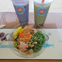 Pokemoto - Matcha and Ube Boba tea and salmon bowl