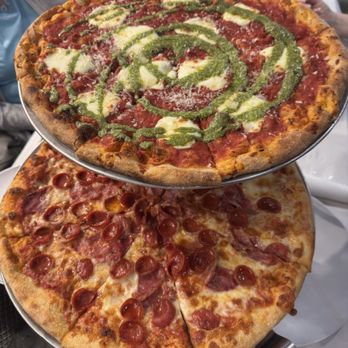Woodhaven Pizza - 16" Basil Pesto & Fresh Mozzarella & 16" Italian Meat Pie - Pizza Near Me - Mount Pleasant, South Carolina