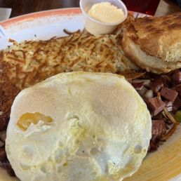 Corned beef hash and eggs.