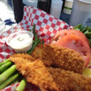 Bostwick's Chowder House - Fried flounder sandwich with asparagus - Seafood Near Me - East Hampton, New York Bostwick's Chowder House - Fried flounder sandwich with asparagus - Seafood Near Me - East Hampton, New York