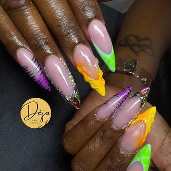 Deja Nail Lounge - Vibrant 3D deep french stiletto nails - Waxing Near Me - Joliet, Illinois