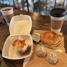 Drip coffee, egg and sausage quiche, Asiago bagel and cream cheese, cashew nut power balls Drip coffee, egg and sausage quiche, Asiago bagel and cream cheese, cashew nut power balls