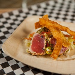 Curiocity Catering - Kombu Dashi Crusted Seared Ahi with Napa Cabbage Slaw, Crispy Wonton and Soy Ginger Sauce