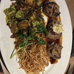 Filet Mignon, Brussel Sprouts, Shredded Potatoes Filet Mignon, Brussel Sprouts, Shredded Potatoes