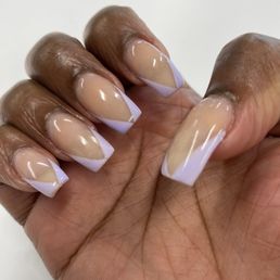 Acryllic Overlay on natural nail. Nude acrylic w purple French Tip design. Acryllic Overlay on natural nail. Nude acrylic w purple French Tip design.