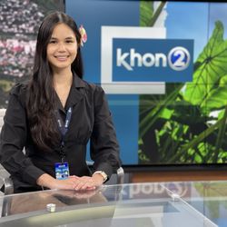 Mehana Salon - 6/24/25: a portrait of me at the KHON anchor desk, taken by a photog.
