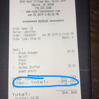 Hook Line & Schooner - Receipt with the awesome coupon I used - American Near Me - Smyrna, Georgia