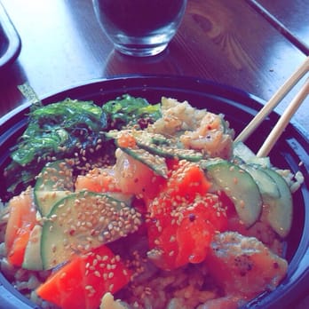Poke Salad Bar - Poke Bowl from Saturday. Brown rice, cucumbers, sesame seeds, albacore, salmon, and I think yellowtail. So good - Poke Near Me - Pasadena, California