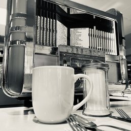 a coffee mug and spoon on a table