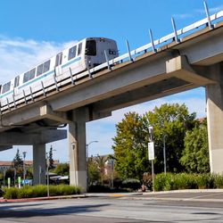 BART - Bay Area Rapid Transit - A BART train is leaving an East Bay station and is headed south toward Warm Springs and beyond