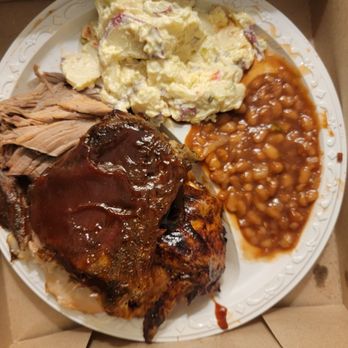 Country Barbeque - 3 Meats... Pork Ribs, Sliced Pork and Chicken Sides Baked Beans and Potatoe Salad - Barbeque Near Me - Greensboro, North Carolina