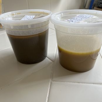 Sojo Ramen - Left: Veggie Ramen broth. Right: Tonkotsu Ramen broth which is clearly too little. - Ramen Near Me - Fremont, California Sojo Ramen - Left: Veggie Ramen broth. Right: Tonkotsu Ramen broth which is clearly too little. - Ramen Near Me - Fremont, California