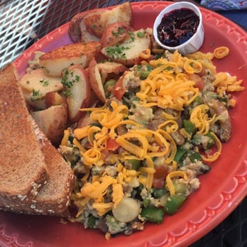 The Breadboard Restaurant - Ashland scramble with homers (potatoes), toast, homemade marionberry jam - Breakfast & Brunch Near Me - Ashland, Oregon