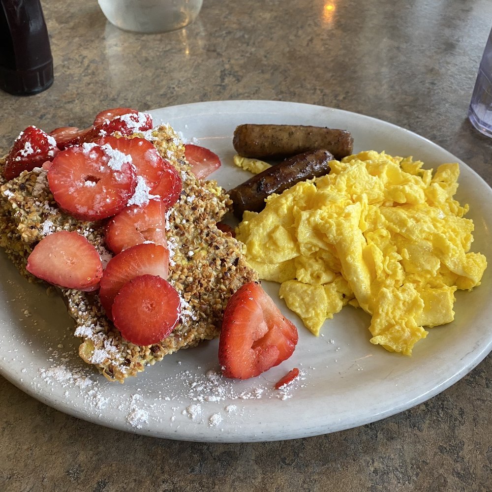 Sassy Onion State Street - hazelnut banana bread w/ "combo-up" scrambled eggs & 2 Sausage Links - Breakfast & Brunch Near Me - Salem, Oregon Sassy Onion State Street - hazelnut banana bread w/ "combo-up" scrambled eggs & 2 Sausage Links - Breakfast & Brunch Near Me - Salem, Oregon