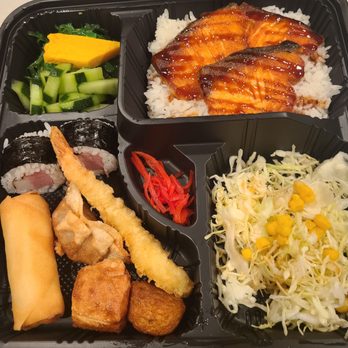 KOHUKU Katsu & Udon - Salmon bento.  Look at all that food. Mix variety. - Noodles Near Me - Brea, California