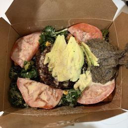 Burger bowl with black bean hummus