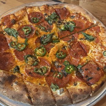 Flatbread Company - Pepperoni and mushroom pizza. We added (raw) jalapeños and spinach. - Pizza Near Me - Paia, Hawaii