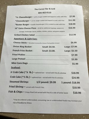 Menu photo 1 The World Famous Corner Bar & Grill Lively, VA Menu photo 1 The World Famous Corner Bar & Grill Lively, VA
