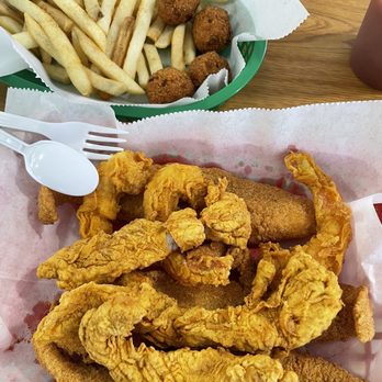 Sami's Southern Kitchen - Three piece each. Shrimp fish and chicken with fries and hush puppies. - Seafood Near Me - Saint Peters, Missouri Sami's Southern Kitchen - Three piece each. Shrimp fish and chicken with fries and hush puppies. - Seafood Near Me - Saint Peters, Missouri