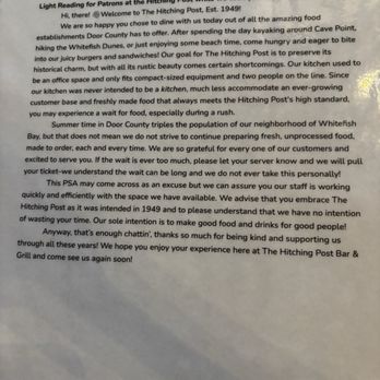 The Hitching Post Bar and Grill - Excuse note - Burgers Near Me - Sturgeon Bay, Wisconsin The Hitching Post Bar and Grill - Excuse note - Burgers Near Me - Sturgeon Bay, Wisconsin