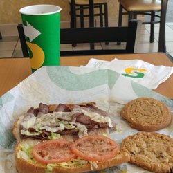 Subway - 6 inch roast beef Deluxe lettuce tomato spicy mustard black pepper. combo oatmeal raisin & peanut butter cookie no chips