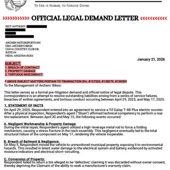 Archer's Bikes - LEGAL DEMAND LETTER TO COMPLY DEMANDING $5048.00 OR LITIGATION STARTS ON 01/27/2026 - Bike Repair/Maintenance Near Me - Mesa, Arizona Archer's Bikes - LEGAL DEMAND LETTER TO COMPLY DEMANDING $5048.00 OR LITIGATION STARTS ON 01/27/2026 - Bike Repair/Maintenance Near Me - Mesa, Arizona