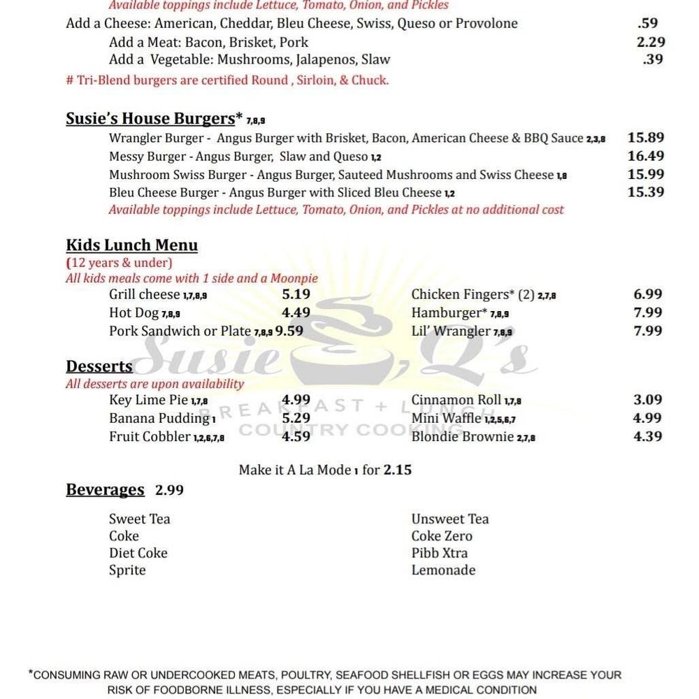 Susie Q's - Lunch Menu Back page - Breakfast & Brunch Near Me - Cumming, Georgia Susie Q's - Lunch Menu Back page - Breakfast & Brunch Near Me - Cumming, Georgia