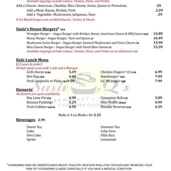 Susie Q's - Lunch Menu Back page - Breakfast & Brunch Near Me - Cumming, Georgia