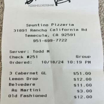 Spuntino Pizzeria - Receipt of our drink order at the bar, with the name of one of the bartenders that gave us horrible service. - Italian Near Me - Temecula, California