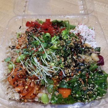 Ahipoki - Brown rice & salad w/kimchi shrimp, salmon & scallops. All toppings except ginger. Can never decide what toppings so I get them all. - Poke Near Me - Flagstaff, Arizona