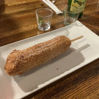 Matjoa Korean BBQ - Korean corn dog with mozzarella and a beef hotdog inside! Coated with sugar and would get again! - Korean Near Me - Clearwater, Florida Matjoa Korean BBQ - Korean corn dog with mozzarella and a beef hotdog inside! Coated with sugar and would get again! - Korean Near Me - Clearwater, Florida