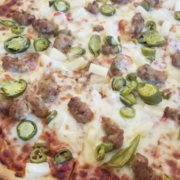 SAUSAGE, PINEAPPLE & JALAPENO thin crust pizza. Very tasty! Sounds like a crazy combo, but its good!