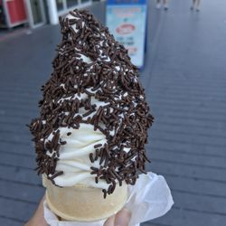 Kohr's Frozen Custard - Choclate Vanilla Swirl on a Gluten-free cone with chocolate sprinkles.