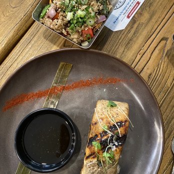 KOW Restaurant - Salmon with Jasmine rice and mixed veggies. The little saucer has chimichurri in it. - Comfort Food Near Me - Miami, Florida KOW Restaurant - Salmon with Jasmine rice and mixed veggies. The little saucer has chimichurri in it. - Comfort Food Near Me - Miami, Florida
