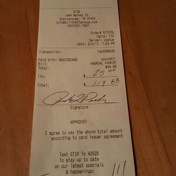 STIR - Josh was the BOMB! Tip shows appreciation. - Cocktail Bars Near Me - Chattanooga, Tennessee STIR - Josh was the BOMB! Tip shows appreciation. - Cocktail Bars Near Me - Chattanooga, Tennessee