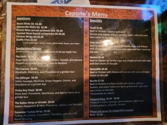 Menu photo 2 Capone's Downtown Speakeasy Shelbyville, IN Menu photo 2 Capone's Downtown Speakeasy Shelbyville, IN