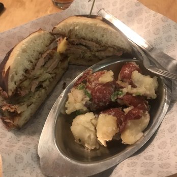 4 Hands Brewing - Roast pork, Gouda, stone ground mustard on pretzel roll w/German potato salad. - Breweries Near Me - Saint Louis, Missouri