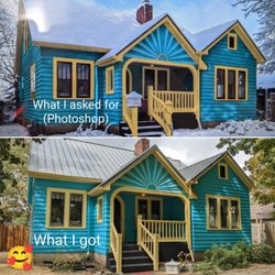 Apex Paint and Remodel - Above: photoshop I made. Below: Results. They made my dreams come true + rebuilt the rotting porch railing to perfectly match the original!