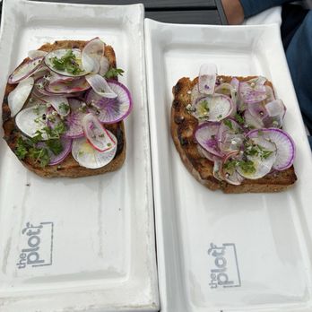 The Plot - Radishes on bean paste and sourdough rye - Vegan Near Me - Oceanside, California The Plot - Radishes on bean paste and sourdough rye - Vegan Near Me - Oceanside, California