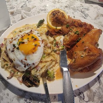 Heirloom - Roasted Chicken with Carbonara pasta - New American Near Me - Fresno, California Heirloom - Roasted Chicken with Carbonara pasta - New American Near Me - Fresno, California