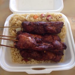 Chicken sticks with fried pork rice. All tasty and fresh
