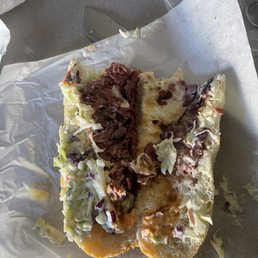 So little meat mostly eating bread and coleslaw So little meat mostly eating bread and coleslaw