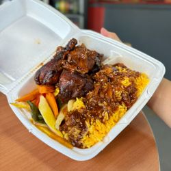 Coastline Caribbean Restaurant - brown stew chicken, yellow rice, mixed vegetables - YUM