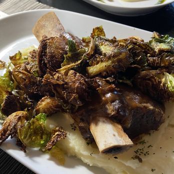 Flair Restaurant - Braised Short rib, mashed potatoes and crispy brussel sprouts - the best dish on our table. I'll order this the next time I visit! - New American Near Me - Chapel Hill, North Carolina
