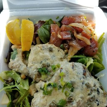 Flyin' Ahi - Lemon butter shutome on salad.  Scoop shoyu poke - Food Trucks Near Me - Mililani, Hawaii