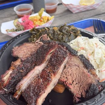 Blue Hound Barbecue - 3 Meat Dinner Ribs, Brisket and Sliced Pork with Collards and Buttermilk Coleslaw - Barbeque Near Me - Dillard, Georgia